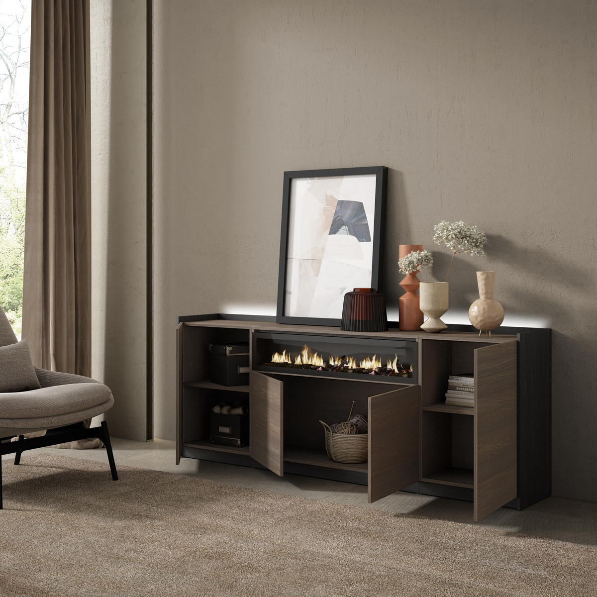 SIDEBOARD, Eiche und Schwarz, 207/37/80cm, Kamin mit Feuereffekt - Dunkelbraun, Holzwerkstoff (207/80/37cm) - Skraut Home