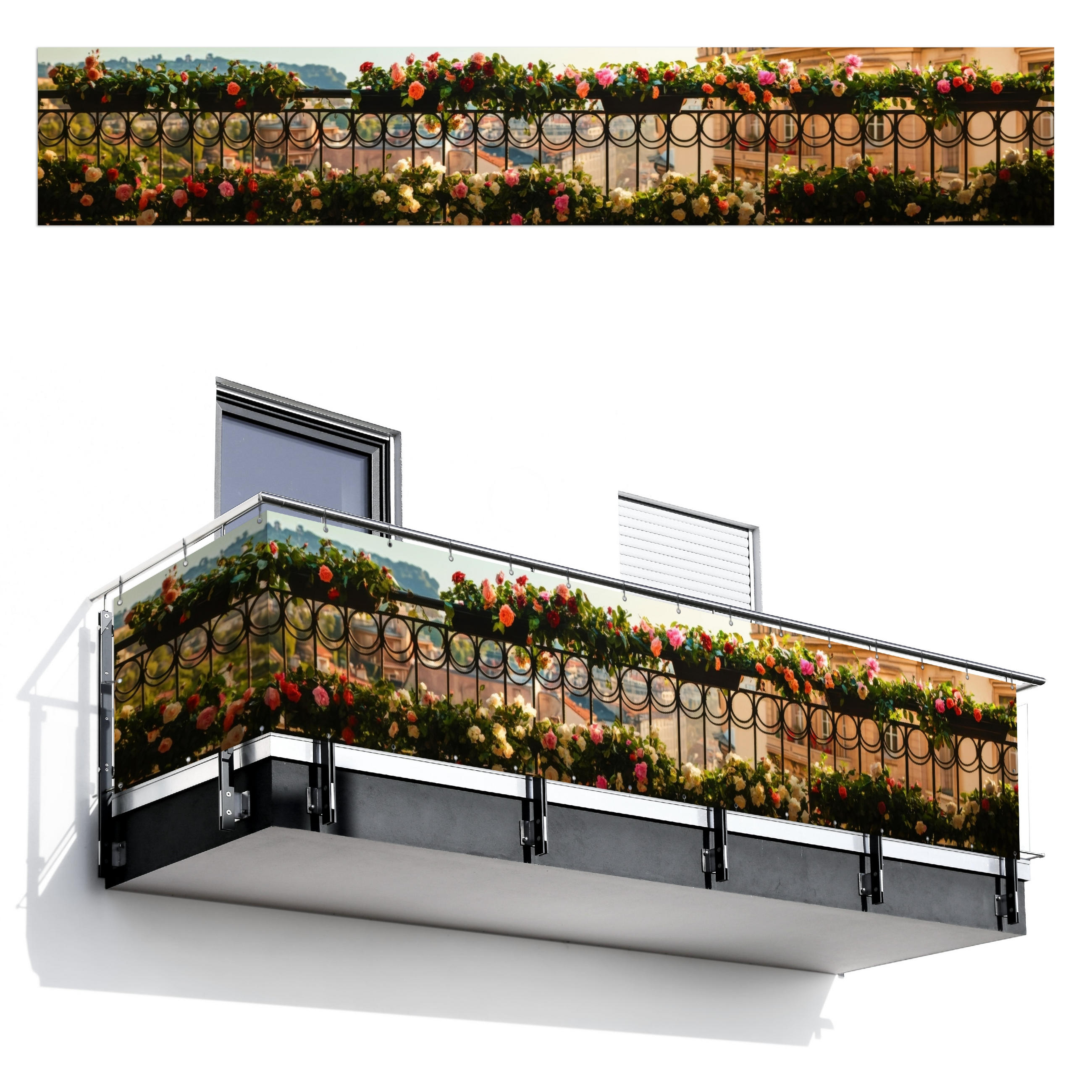 BALKON-SICHTSCHUTZ Blumen - Zaun - Stadtbild - Sommer - Pink, Kunststoff (500/85cm) - MuchoWow