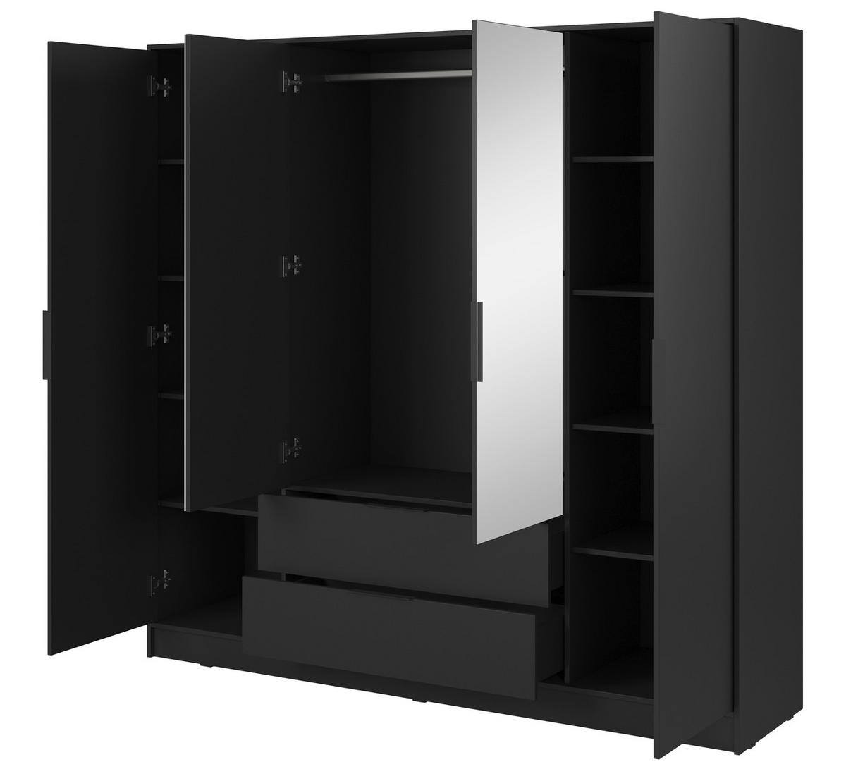 KLEIDERSCHRANK mit Spiegel 206 cm Kalma, 4 Türen, 2 Schubladen, Schwarz - Schwarz, Holz (206/200/51cm) - Emporius