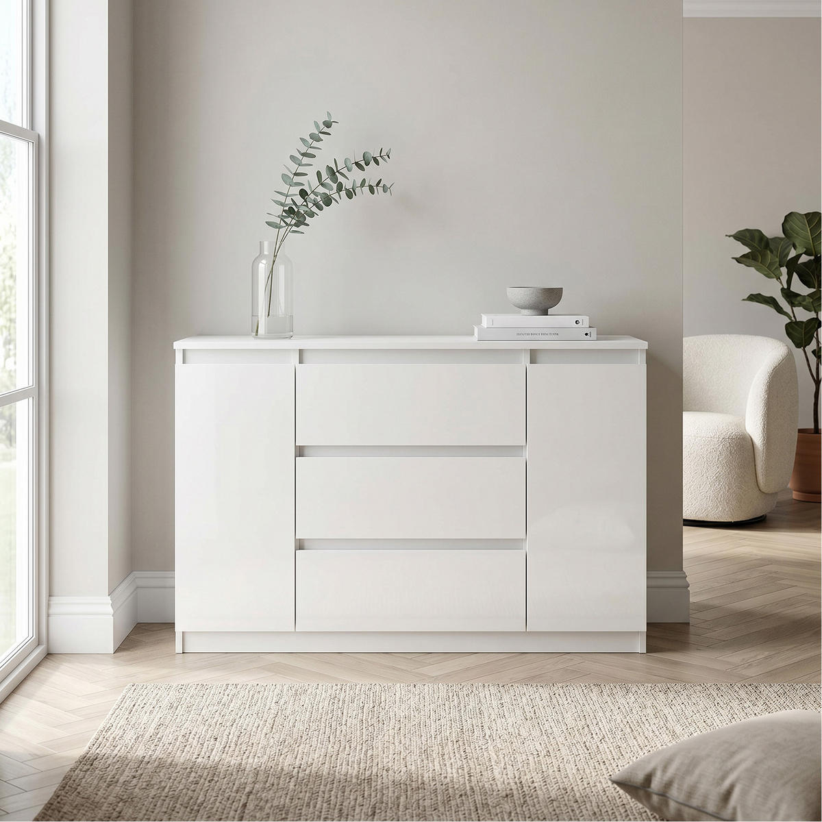 KOMMODE NUDO 120/78,5/39cm mit 3 Schubladen 2 Türen Weiß - Weiß, Holzwerkstoff (120/78.5/39cm) - MASSENO