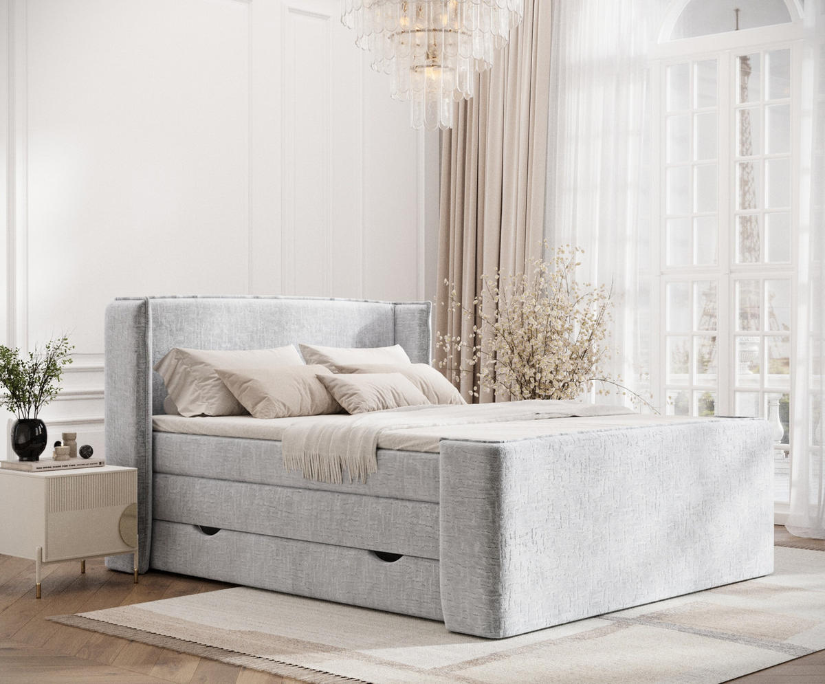 BOXSPRINGBETT Freeland Hellgrau 180/200 cm mit Matratze und Topper - Hellgrau/Schwarz, Holz/Holzwerkstoff (180/200cm) - Maison de Reve