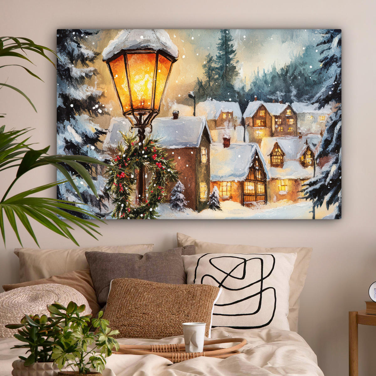 LEINWANDBILD Weihnachtsdorf - Häuser - Schnee - Weihnachten Wohnzimmer 120x80 cm - Sandfarben, Textil (120/80cm) - MuchoWow