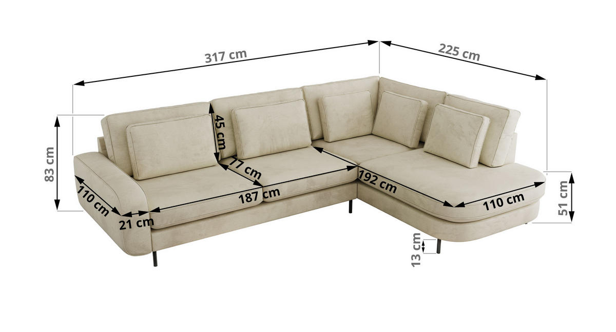 ROHOVÁ SEDAČKA CALENO L - Béžová Samet - Levá Strana - černá/béžová, kov/textil (317/225cm) - MKS