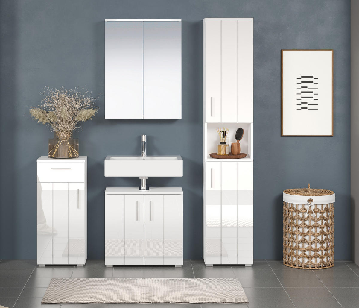 BADMÖBEL-SET weiß Hochglanz 4-teilig 164 x 192 cm, moderne Badezimmer-Schränke - Weiß Hochglanz/Silberfarben, Holzwerkstoff/Kunststoff (164/192/32cm) - Top.Furn