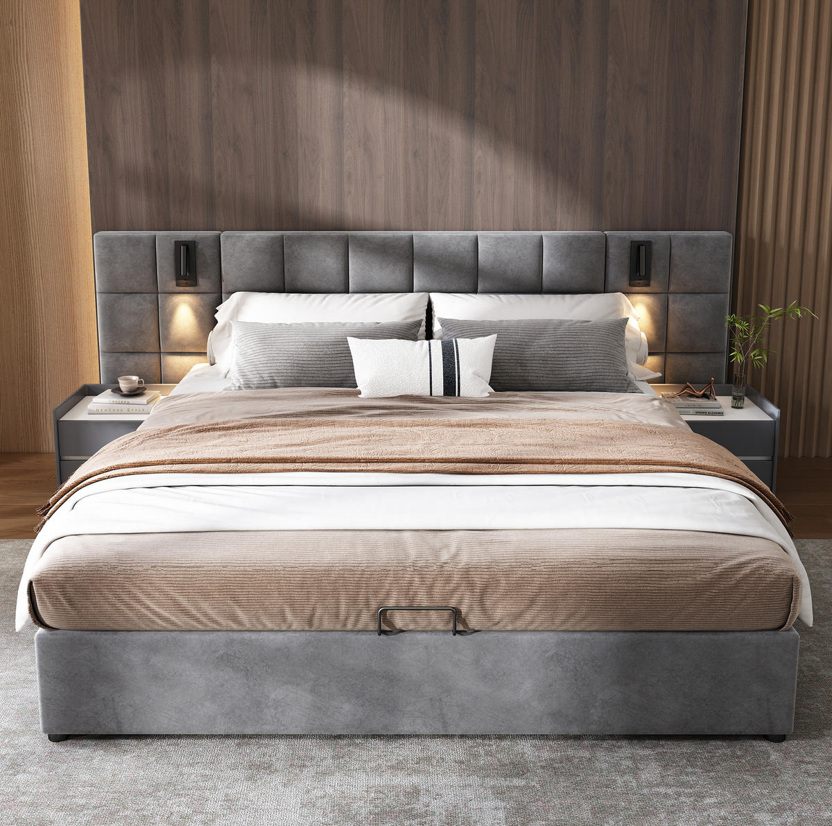 SAMT-POLSTERBETT 160/200 cm mit Bettkasten, USB und LED-Leselicht in Grau - Grau, Metall (160/200cm) - BEAOK