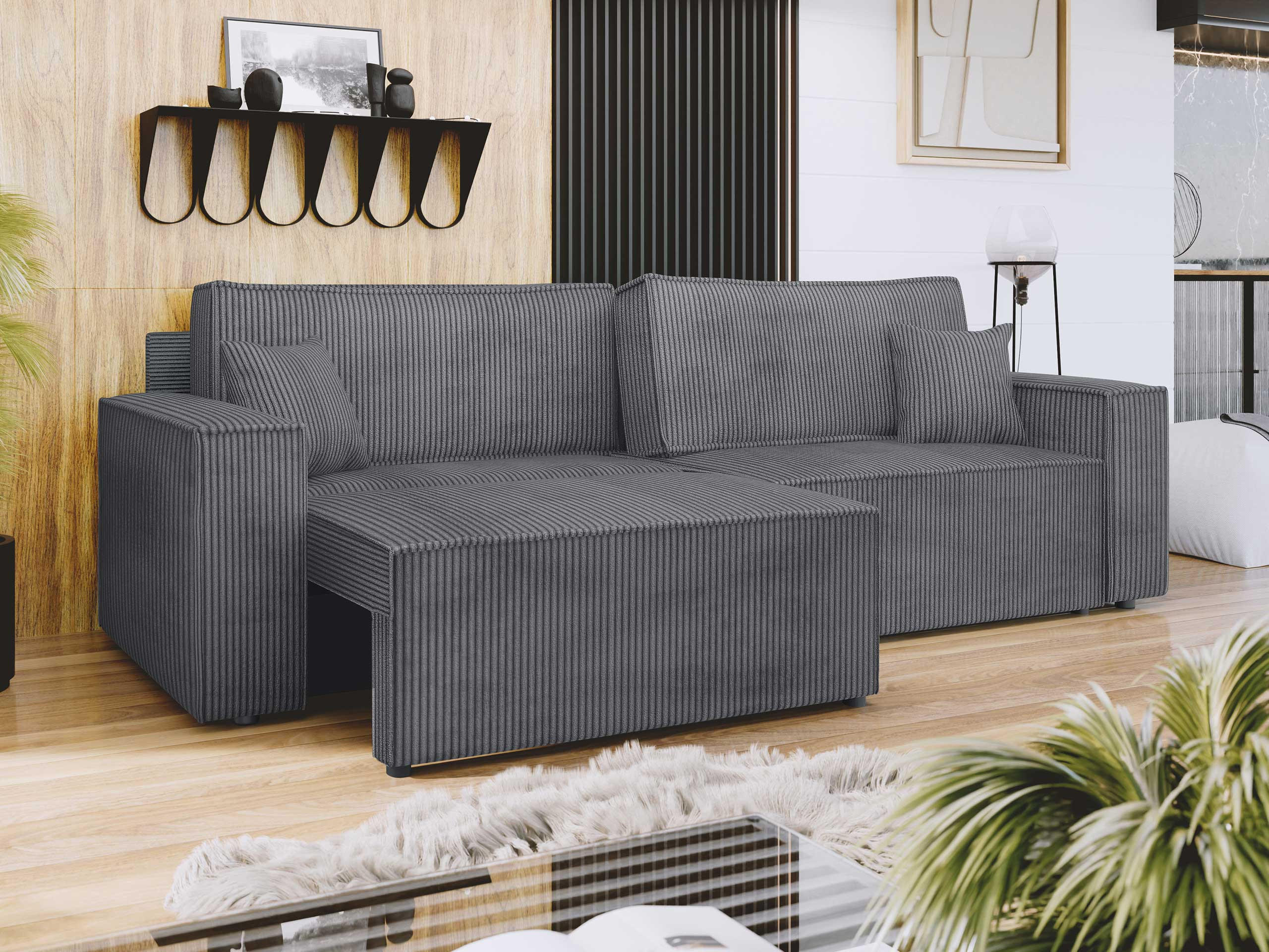 SCHLAFSOFA Karl Cord mit L-Funktion - Schwarz/Grau, Holz/Kunststoff (245/82/139cm) - MIRJAN24