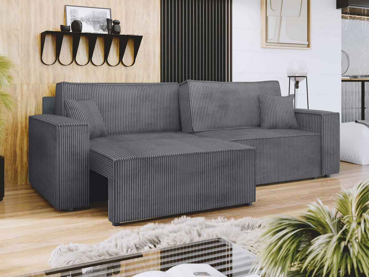 SCHLAFSOFA Karl Cord mit L-Funktion - Schwarz/Grau, Holz/Kunststoff (245/82/139cm) - MIRJAN24