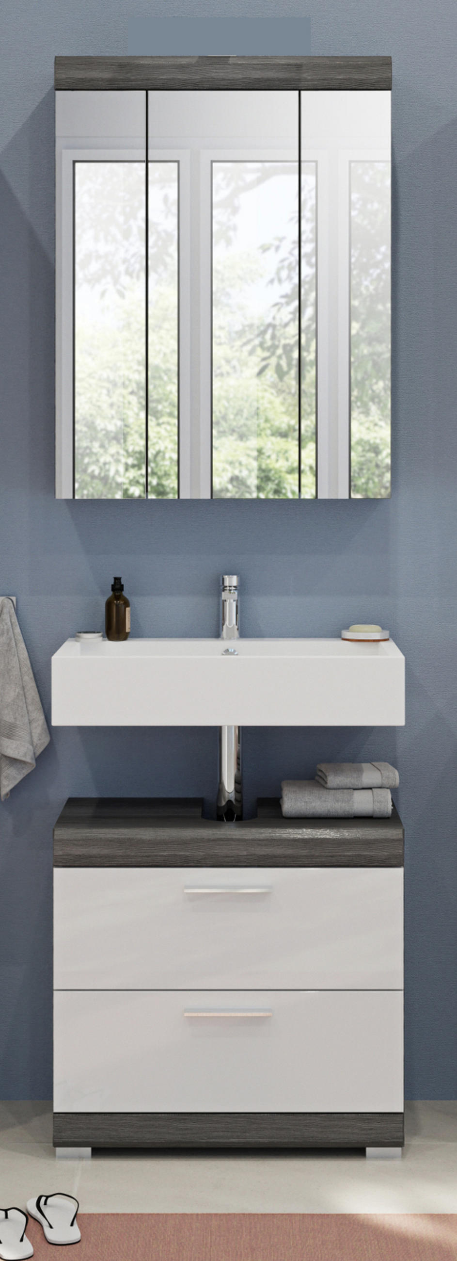 SPIEGELSCHRANK grau 60 x 79 cm, Badschrank 3-türig mit Spiegeltüren - Grau, Glas/Holzwerkstoff (60/79/18cm) - Inn.Furn