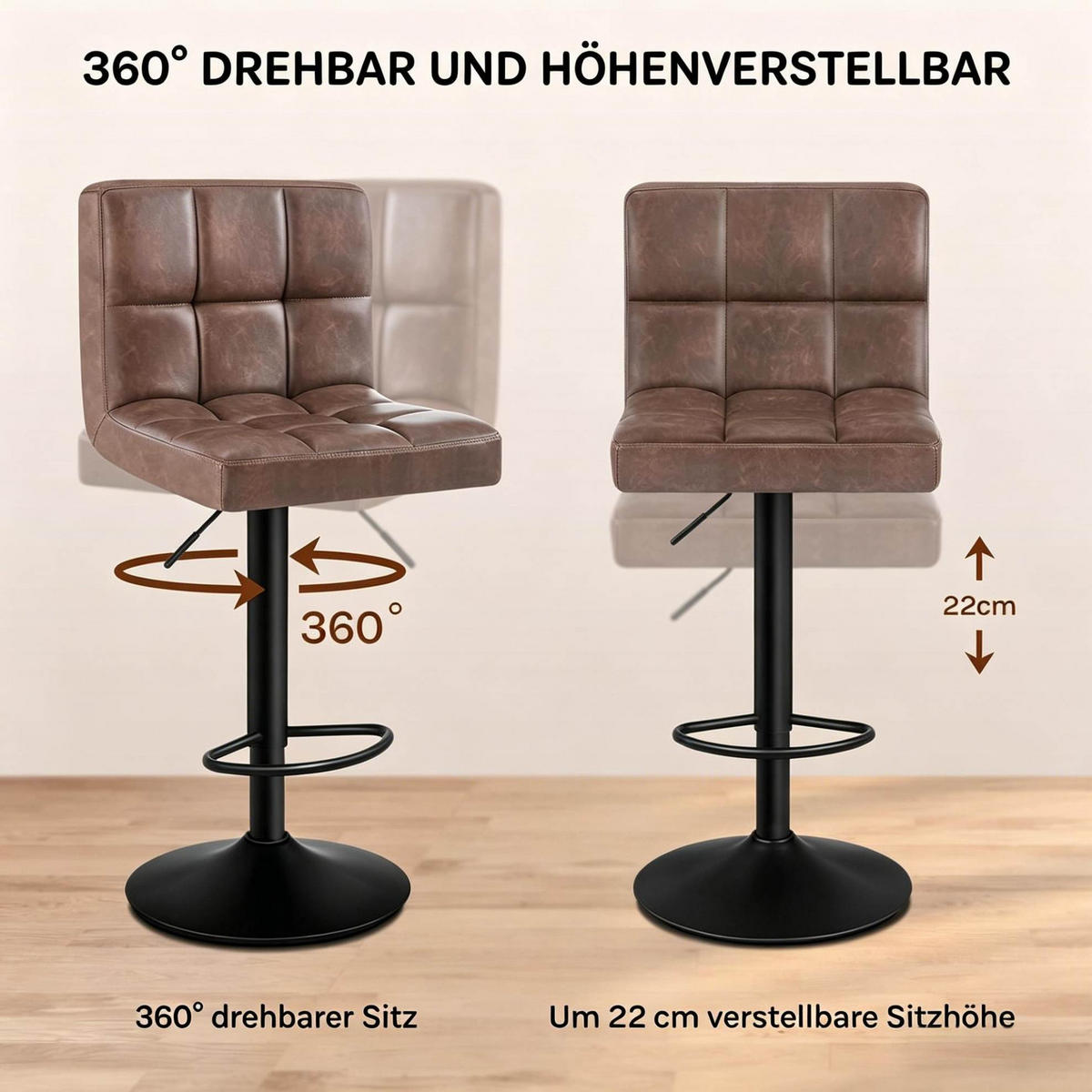 BARHOCKER drehbar höhenverstellbar 60-82 cm Kunstleder Dunkelbraun - Dunkelbraun, Metall (44/114/38cm) - Meubliv