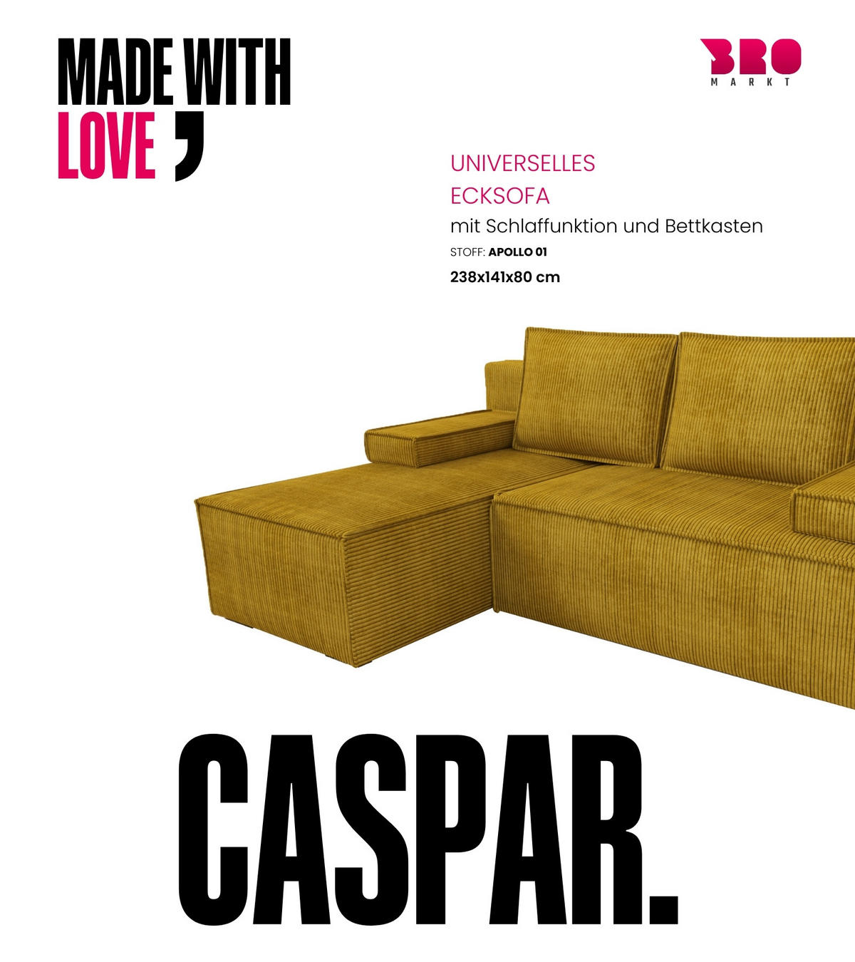 ECKSOFA Caspar mit Schlaffunktion Gelb Cord - Gelb, Textil (200/141cm) - Bromarkt