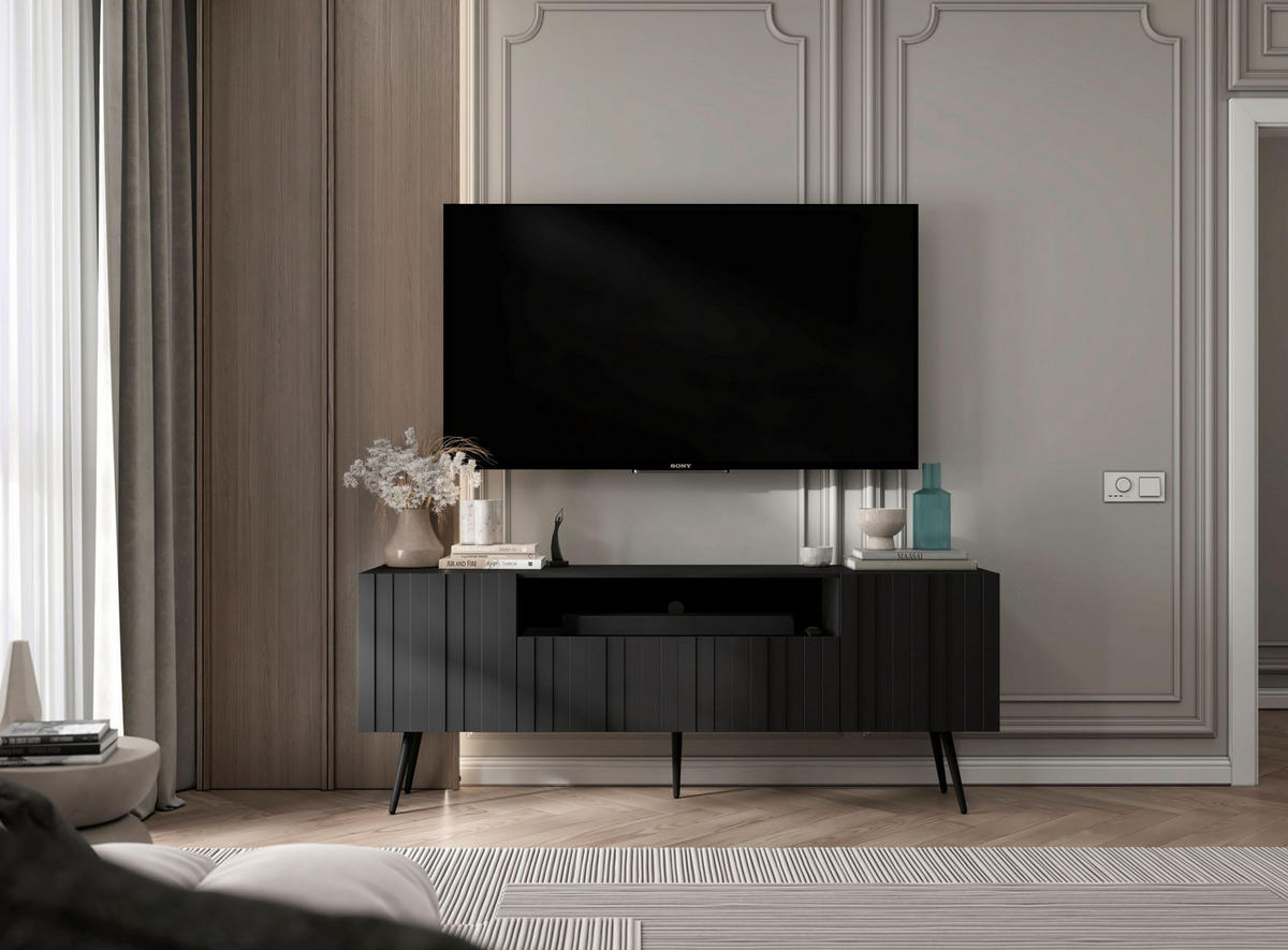 TV-SCHRANK Elpis Schwarz Matt mit Metallbeine Glamour 150 cm - Schwarz, Holzwerkstoff/Metall (150/60.5/36.5cm) - Meble Lindner