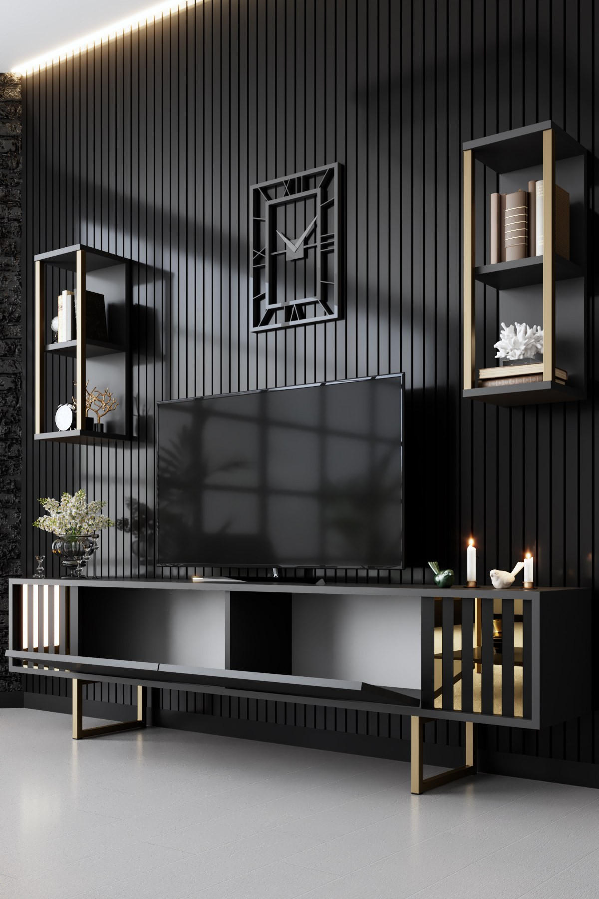 TV-MÖBEL Gold Line Anthrazit-Schwarz - Anthrazit/Schwarz, Holz (180/48/30cm) - Habitat Garten