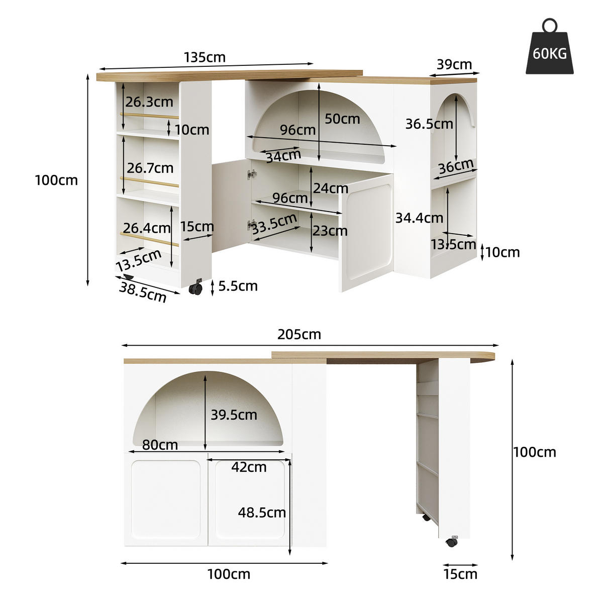 BARTISCH, MDF ausziehbar mit Stauraum & LED, 135-205/39/100 cm, Weiß - Weiß, Holzwerkstoff (39/100/135cm) - Redom