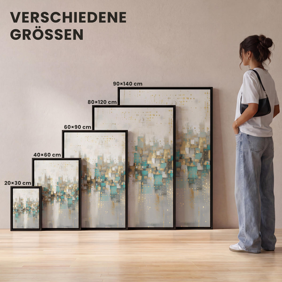 LEINWAND Bilder mit Rahmen - Abstrakt - Blöcke - Gold - Skyline - 20x30 - Beige, Textil (20/30cm) - MuchoWow