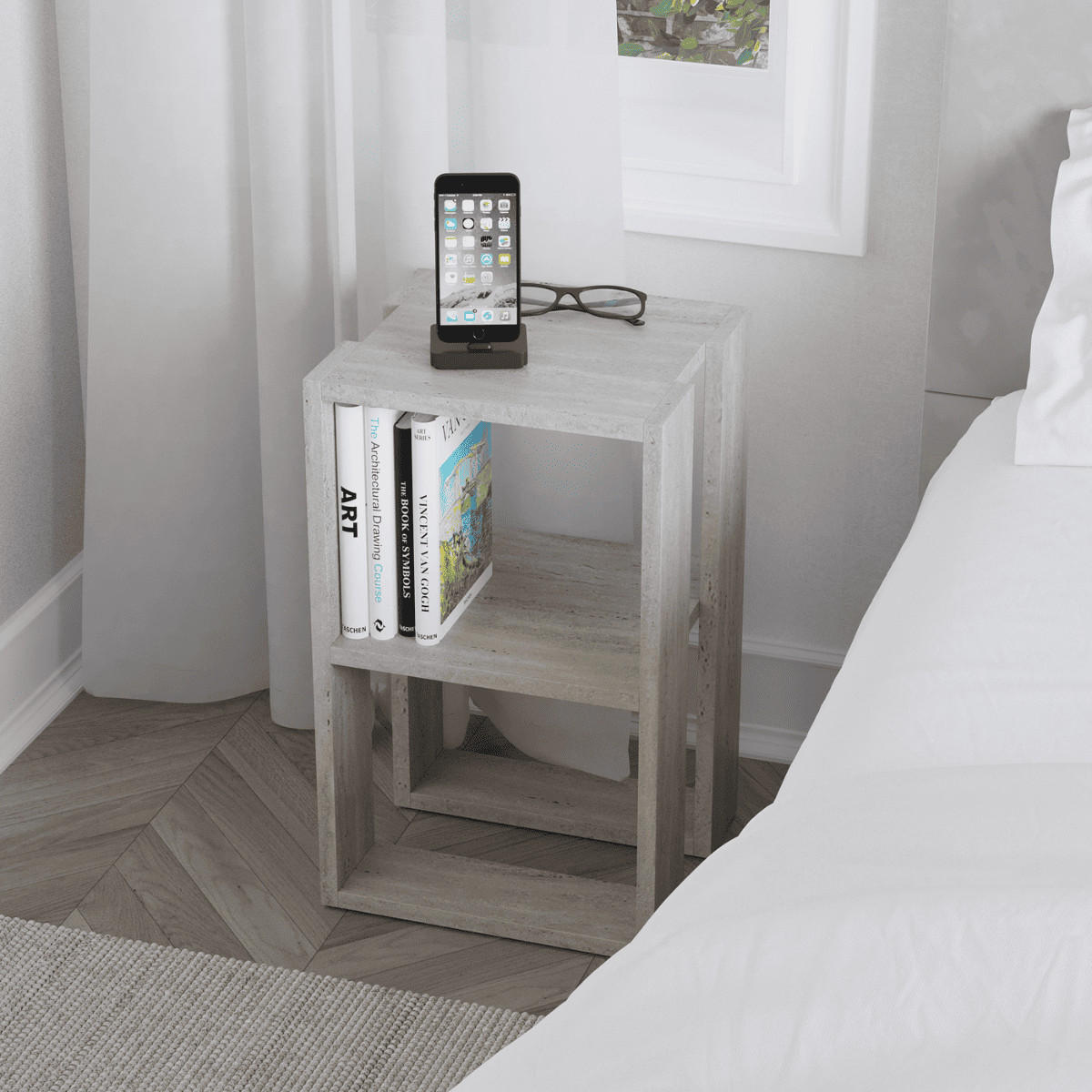 NACHTTISCH mit 2 regalböden, travertin-dekor - lonie 30/30/55 cm - Beige, Holzwerkstoff (30/55/70cm) - Calicosy