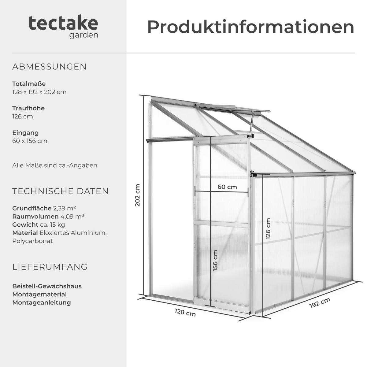 ANLEHNGEWÄCHSHAUS ,192 x 128 x 202 cm,transparent - Transparent, Metall (128/202/192cm) - tectake