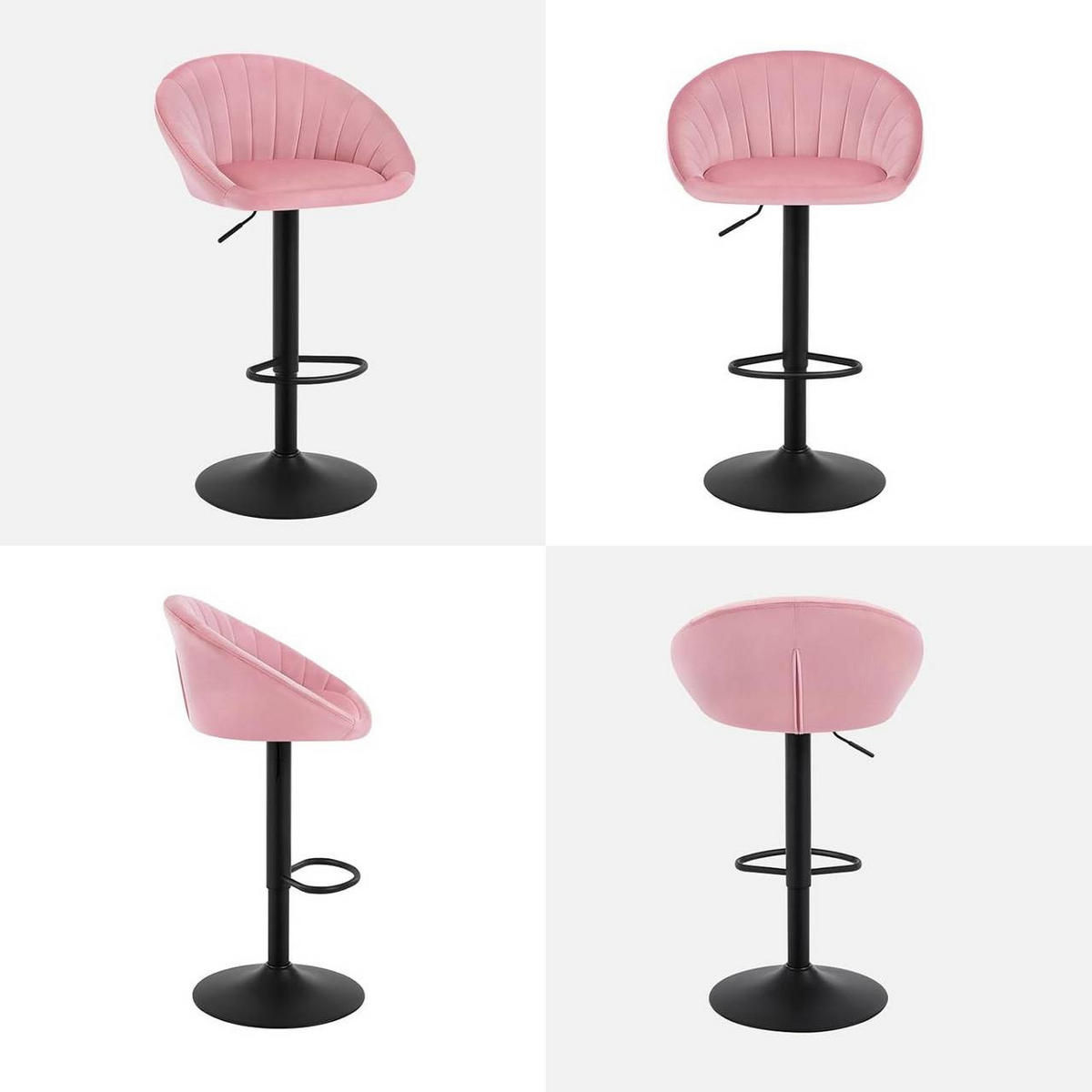 BARHOCKER 4er Set mit Rückenlehne, Samt, Rosa - Schwarz/Rosa, Textil/Metall (53/83/45cm) - Woltu