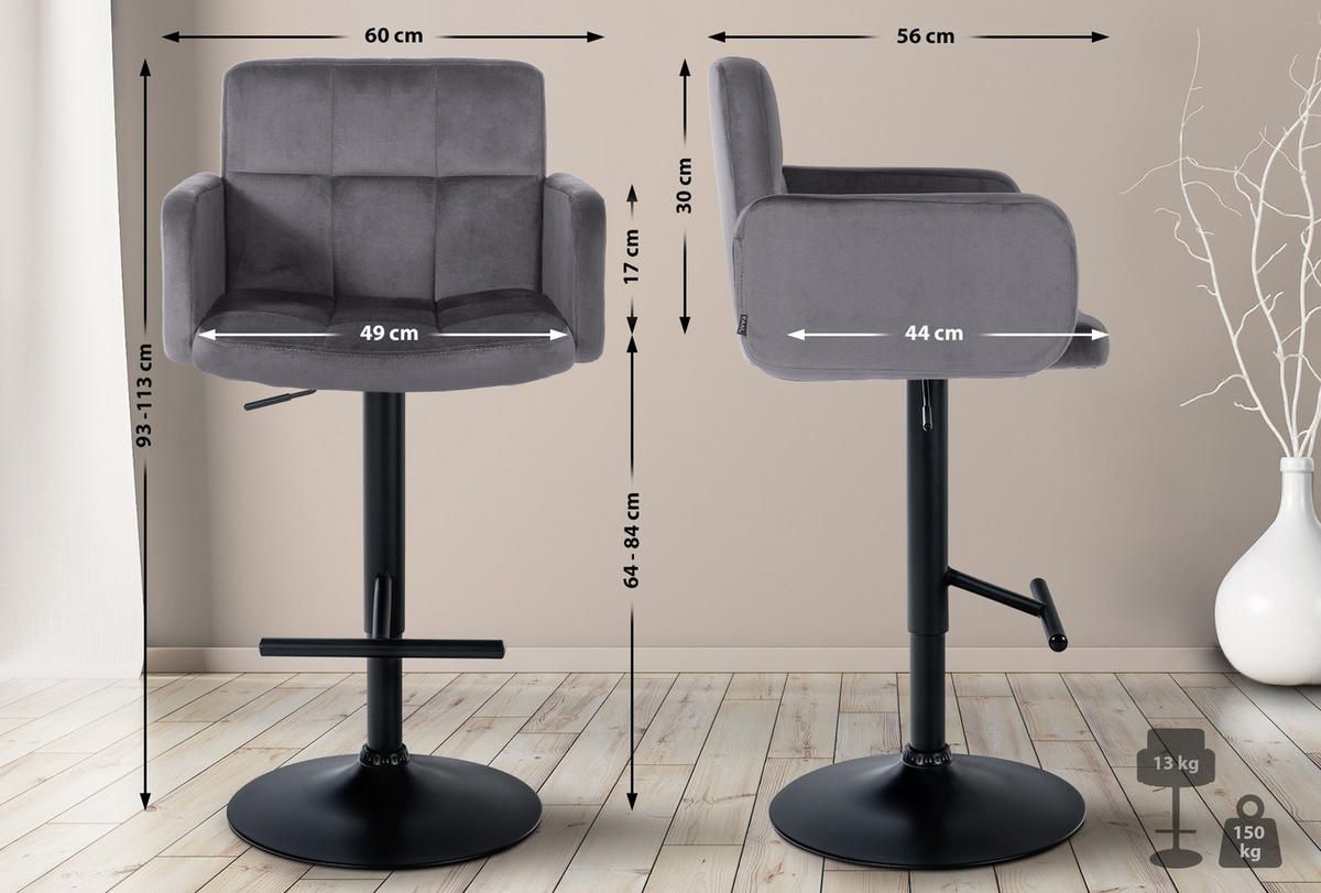 BARHOCKER Lausanne Samt schwarz dunkelgrau - Schwarz/Grau, Textil/Metall (60/113/56cm) - TPFLiving