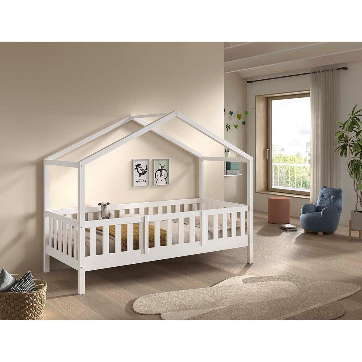 HAUSBETT Kapua 90x200 mit Rausfallschutz Kiefer Massivholz weiß - Weiß, Holz (90/200cm) - 58aufmkessel