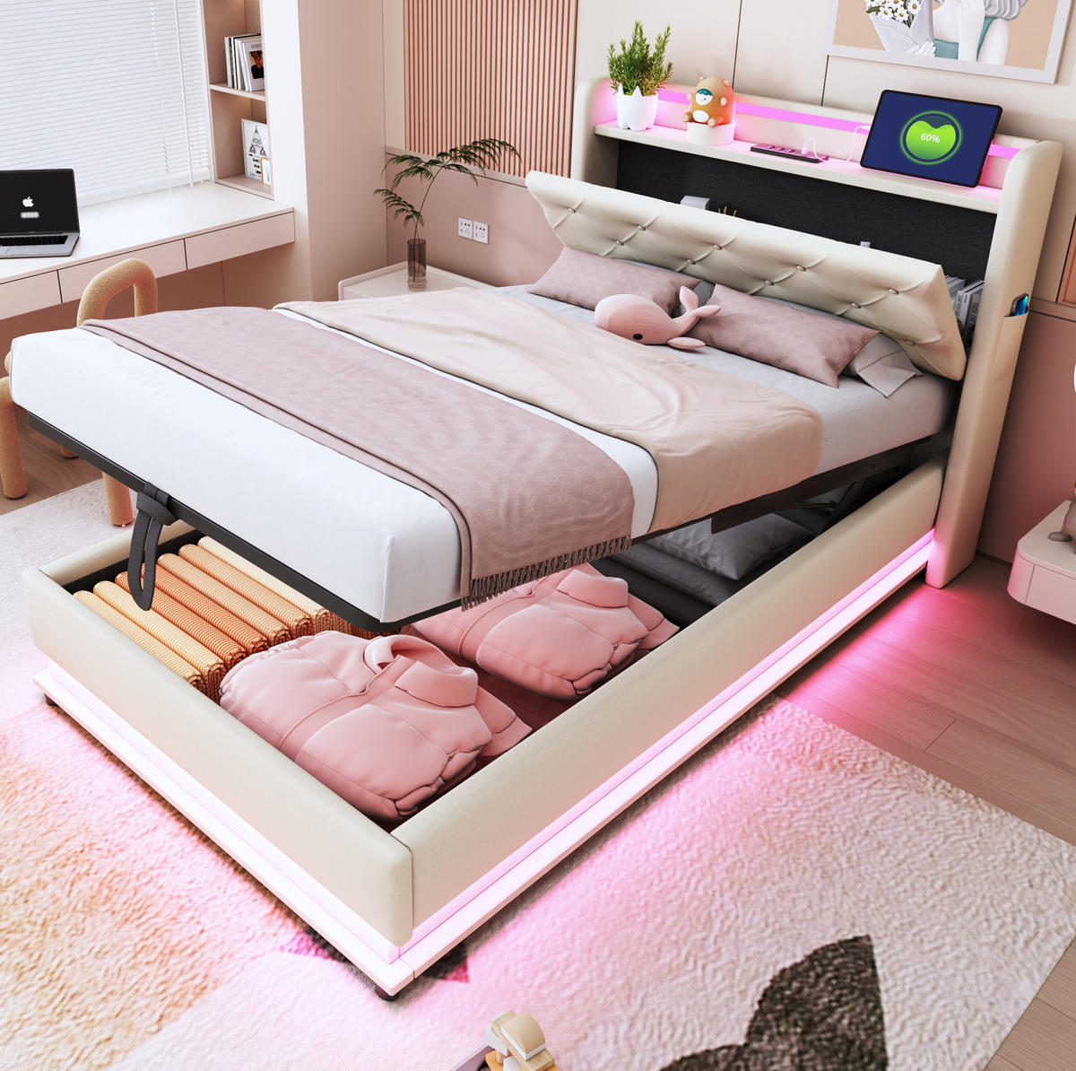 KINDERBETT 90/200 cm aus Leinenstoff mit LED-Beleuchtung und USB-Anschluss Beige - Beige, Textil (90/200cm) - Modenvie