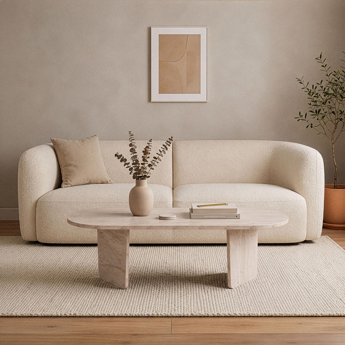COUCHTISCH mit abgerundeter Tischplatte L130 cm 65/130/40 cm - Beige, Holzwerkstoff (70/65/40cm) - Calicosy