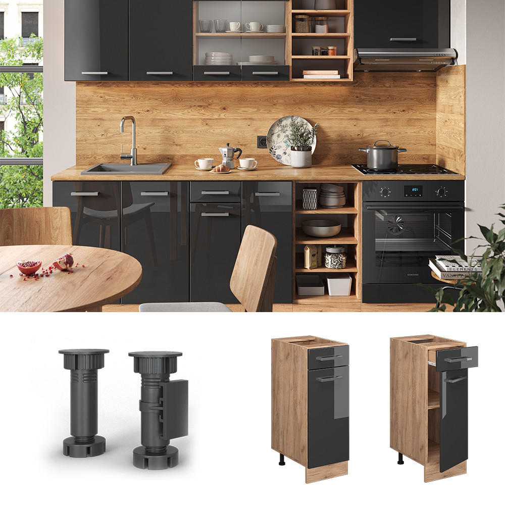 SCHUBLADENSCHRANK R-Line Anthrazit Hochglanz 30 cm AP Marmor - Honigeiche/Schwarz Hochglanz, Holzwerkstoff (30/81.6/60cm) - Vicco
