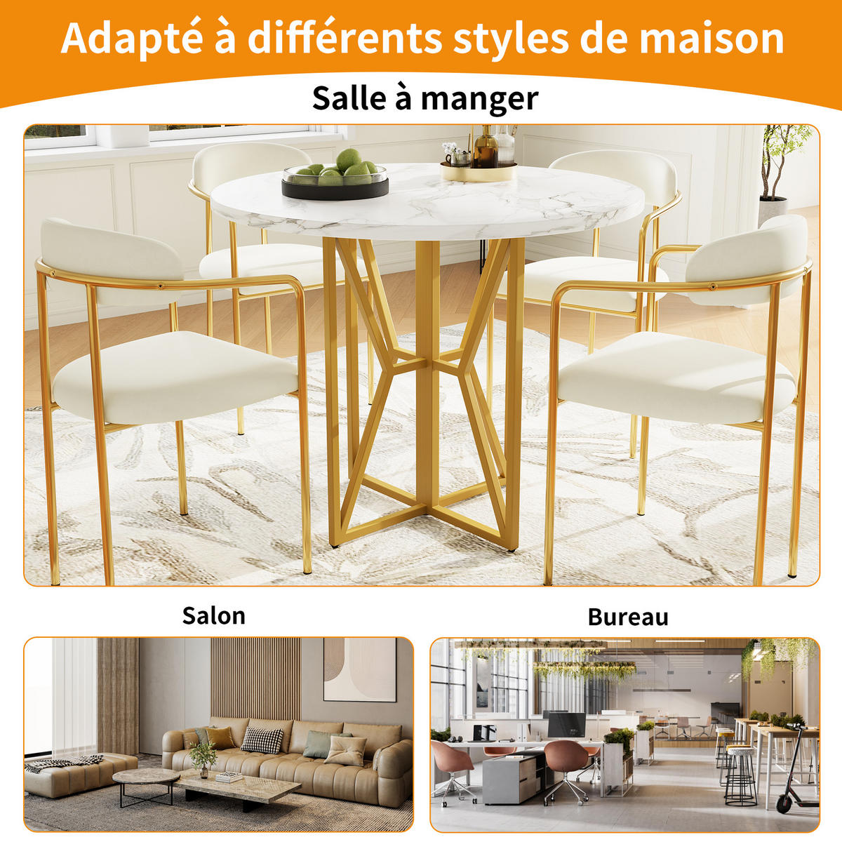 ESSTISCH 80/80/76 cm golden mit Marmor-MDF-Tischplatte und verstellbaren Füßen - Weiß, Holzwerkstoff (80/80/76cm) - OKWISH