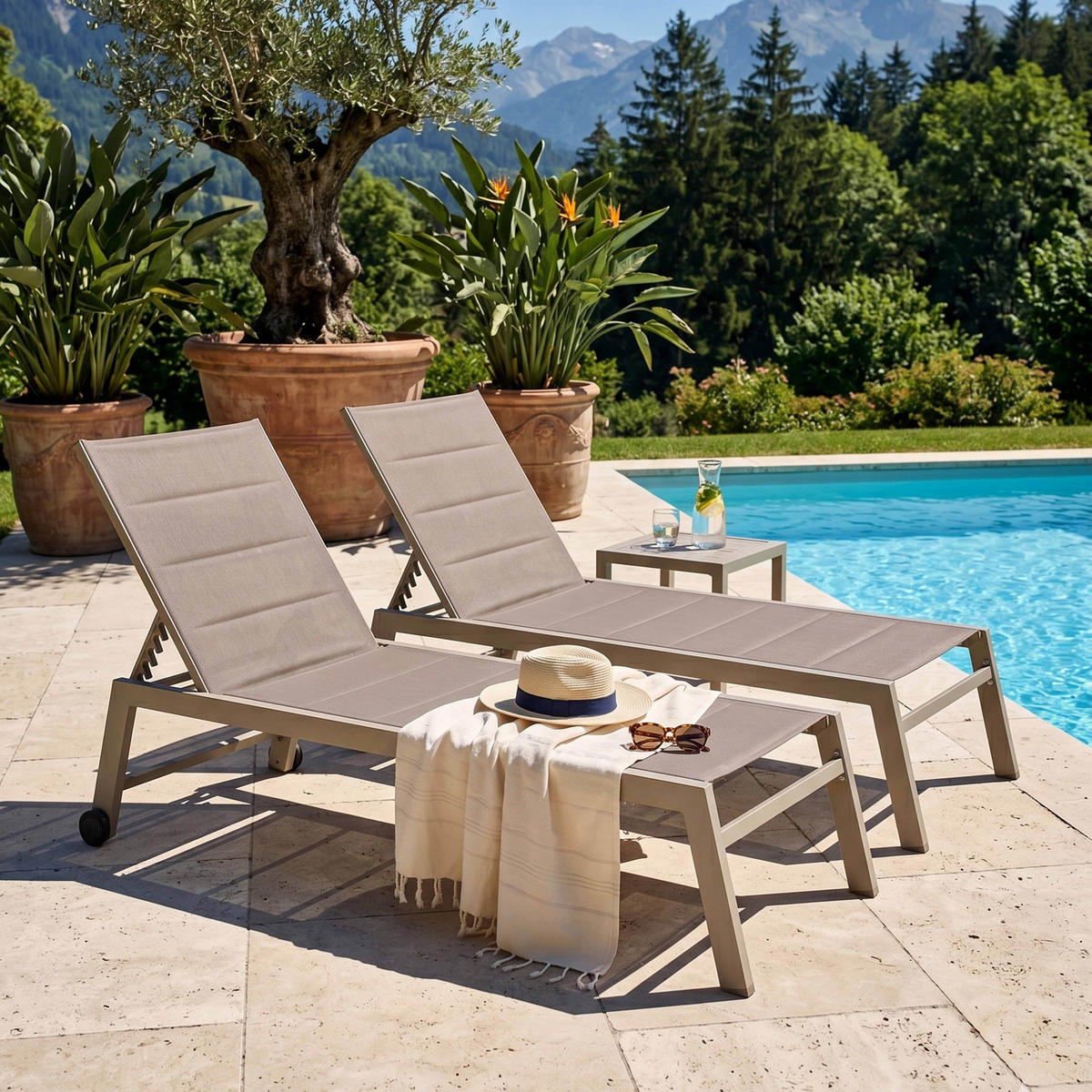 SONNENLIEGE 2-tlg., Taupe - Taupe, Metall (202/103/65cm) - Oviala