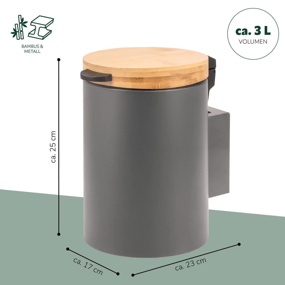 WAND-KOSMETIKEIMER 3 L, rund, grau - Grau, Metall (17/25/23cm) - bremermann