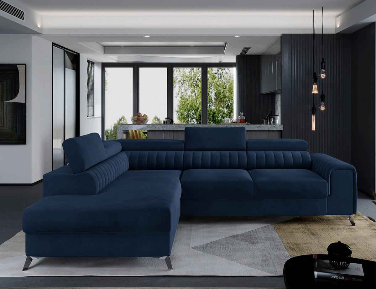 ECKSOFA Laurence mit Schlaffunktion & Bettkasten – 278 x 205 cm, verstellbare Kopfstützen - Blau, Kunststoff (278/205cm) - Wohnideebilder
