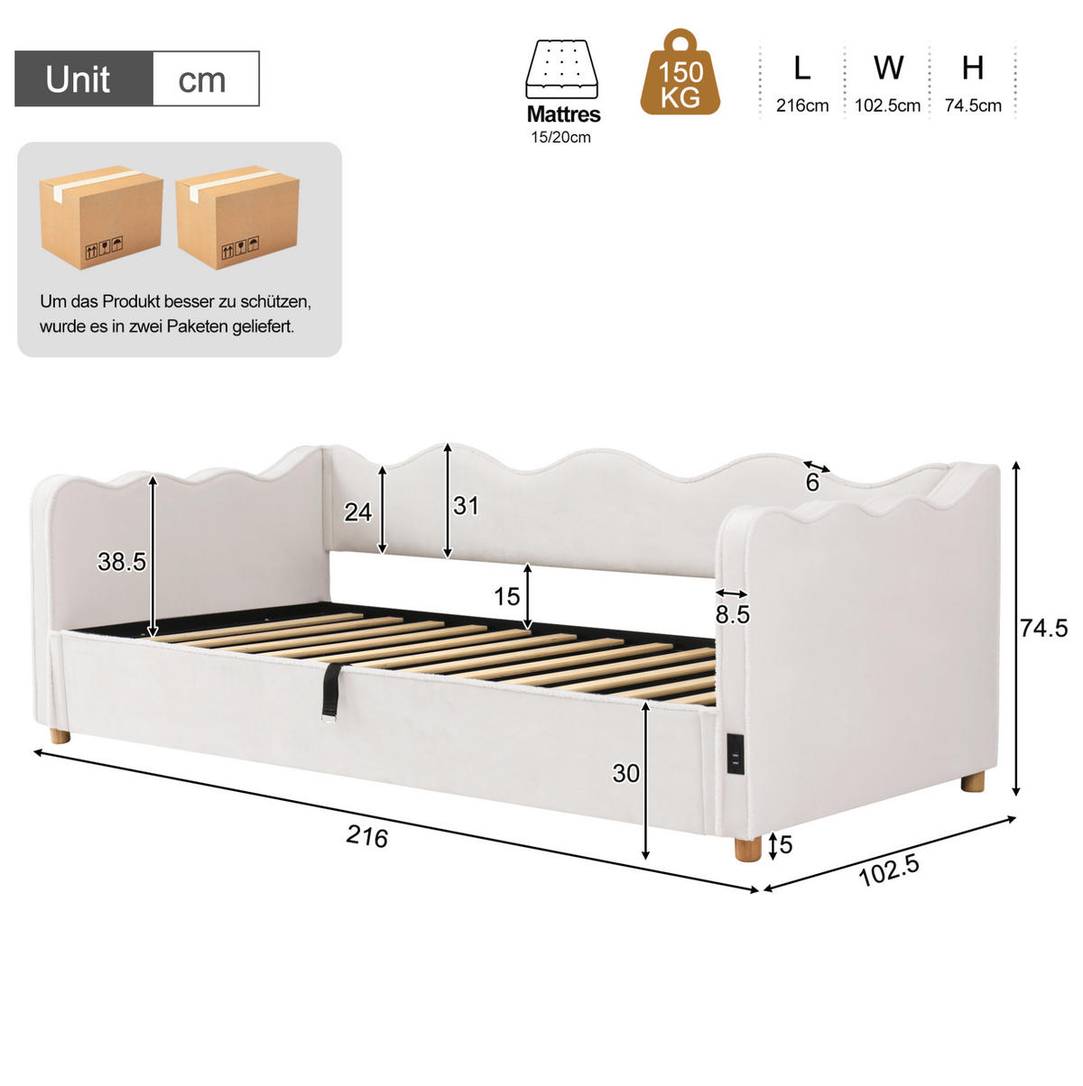 POLSTERBETT 90/200 cm aus Samt mit hydraulischem Stauraum und USB-Anschluss Beige - Beige, Textil (90/200cm) - Modenvie