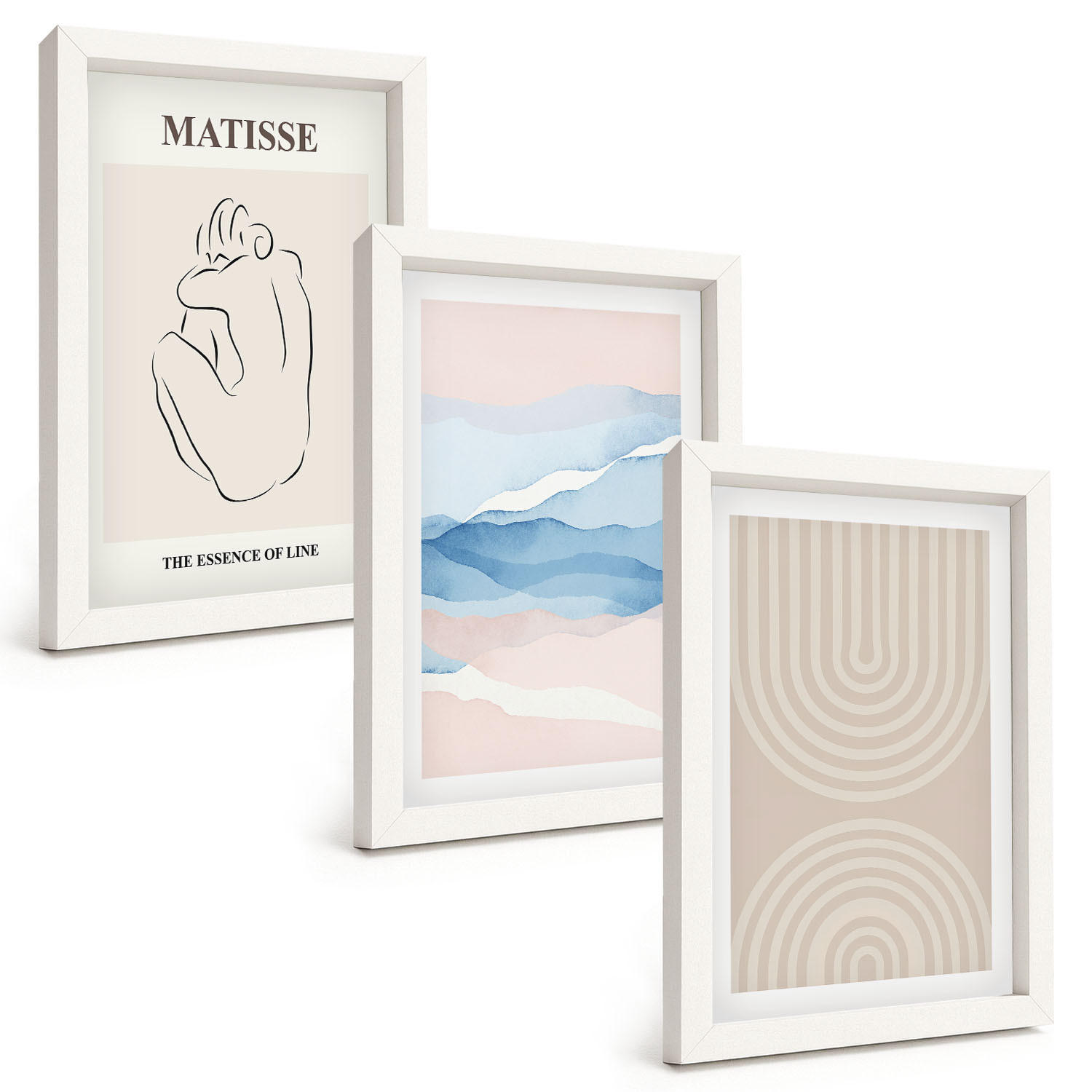 BILDER SET 3er Set - 20x30 cm Weißer Rahmen - Linien, Wellen, pastellfarbener Minimalismus - Weiß, Kunststoff (20/30cm) - TULUP
