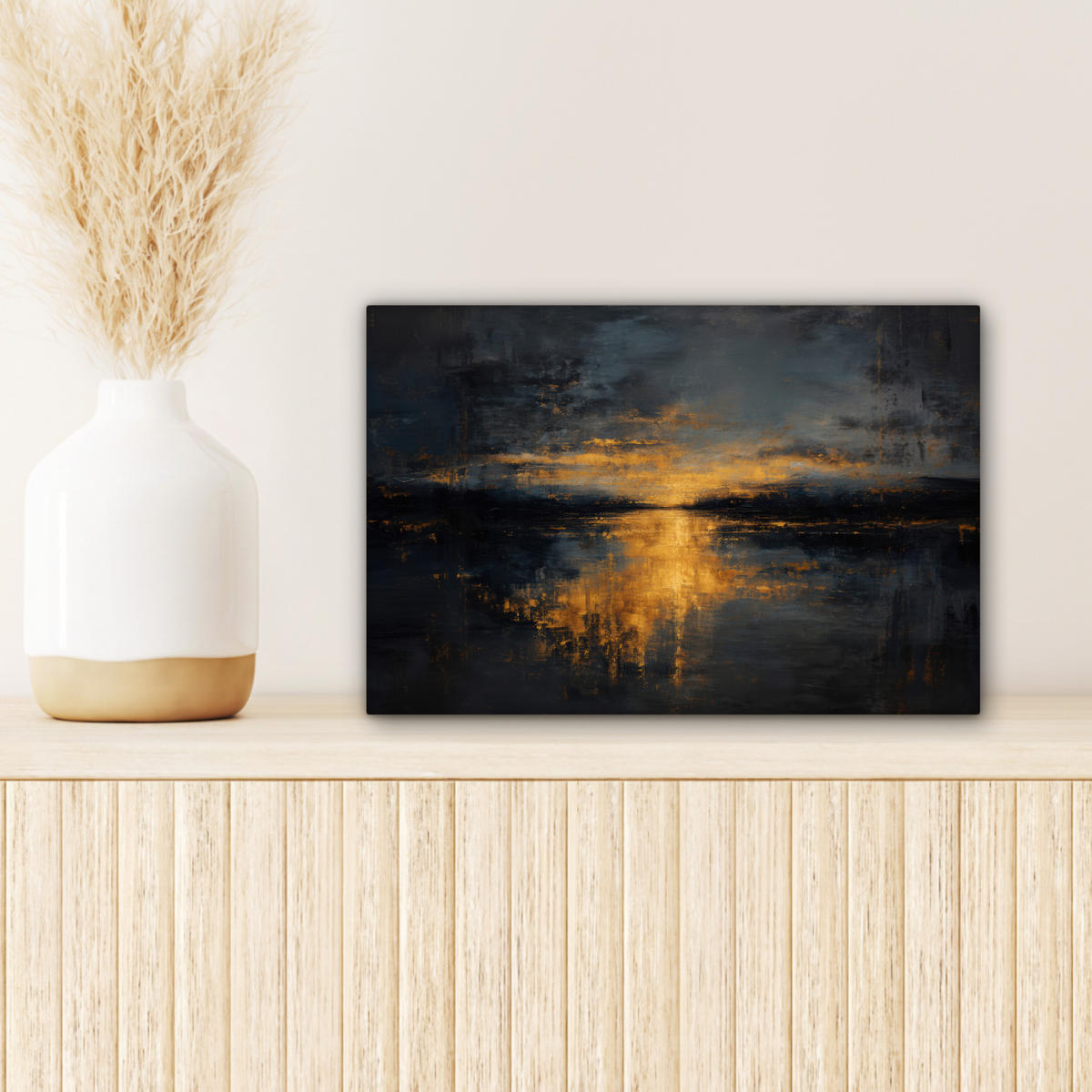 LEINWANDBILD Goldene Reflexion auf dem Wasser Deko Schlafzimmer 30x20 cm - Anthrazit, Textil (30/20cm) - MuchoWow