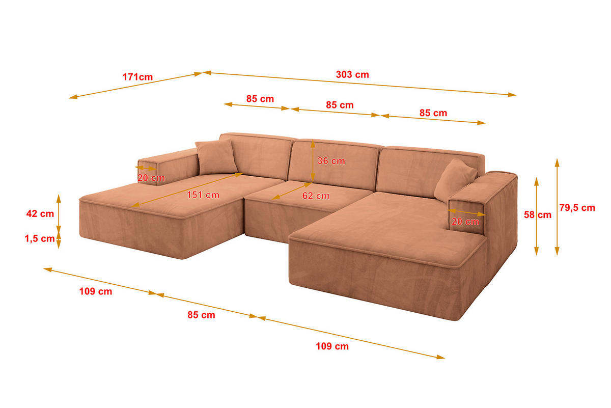 WOHNLANDSCHAFT IREA-U1-v4 - 303x171x79 cm Koralle - Koralle, Holzwerkstoff/Textil (303/79/171cm) - ALTDECOR