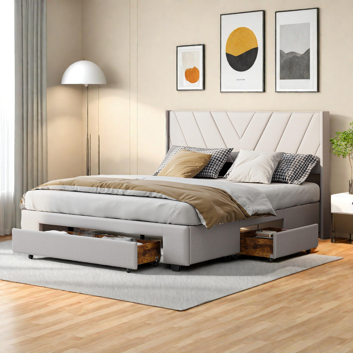 POLSTERBETT 140x200 cm Beige Stoff 3 Schubladen Stauraum - Beige, Holz (140/200cm) - SHOPENTRA