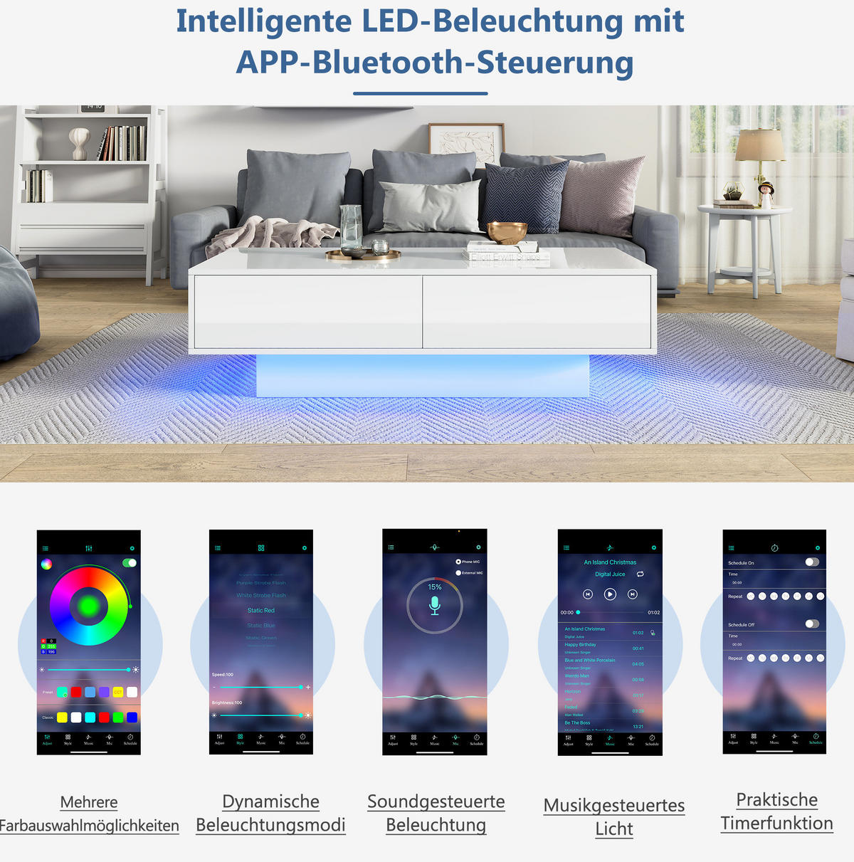 KLUBSKA miza 115/55/34 cm z 2 predaloma in LED osvetlitvijo, visoki sijaj, Bela - bela, leseni material (115/55/34cm) - Redom