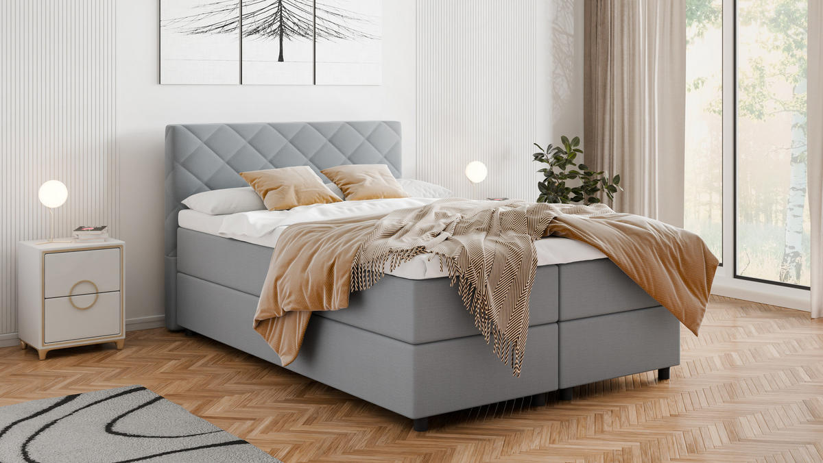 BOXBETT Diamaro 140x200 cm mit Bettkasten und Topper - Hellgrau - Hellgrau, Holz (140/200cm) - Panda Möbel