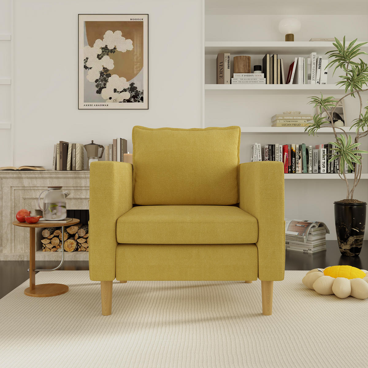 SESSEL 71/68/82 cm in Senfgelb aus Chenille mit Seitentasche - Currygelb, Textil (71/82/68cm) - BEAOK