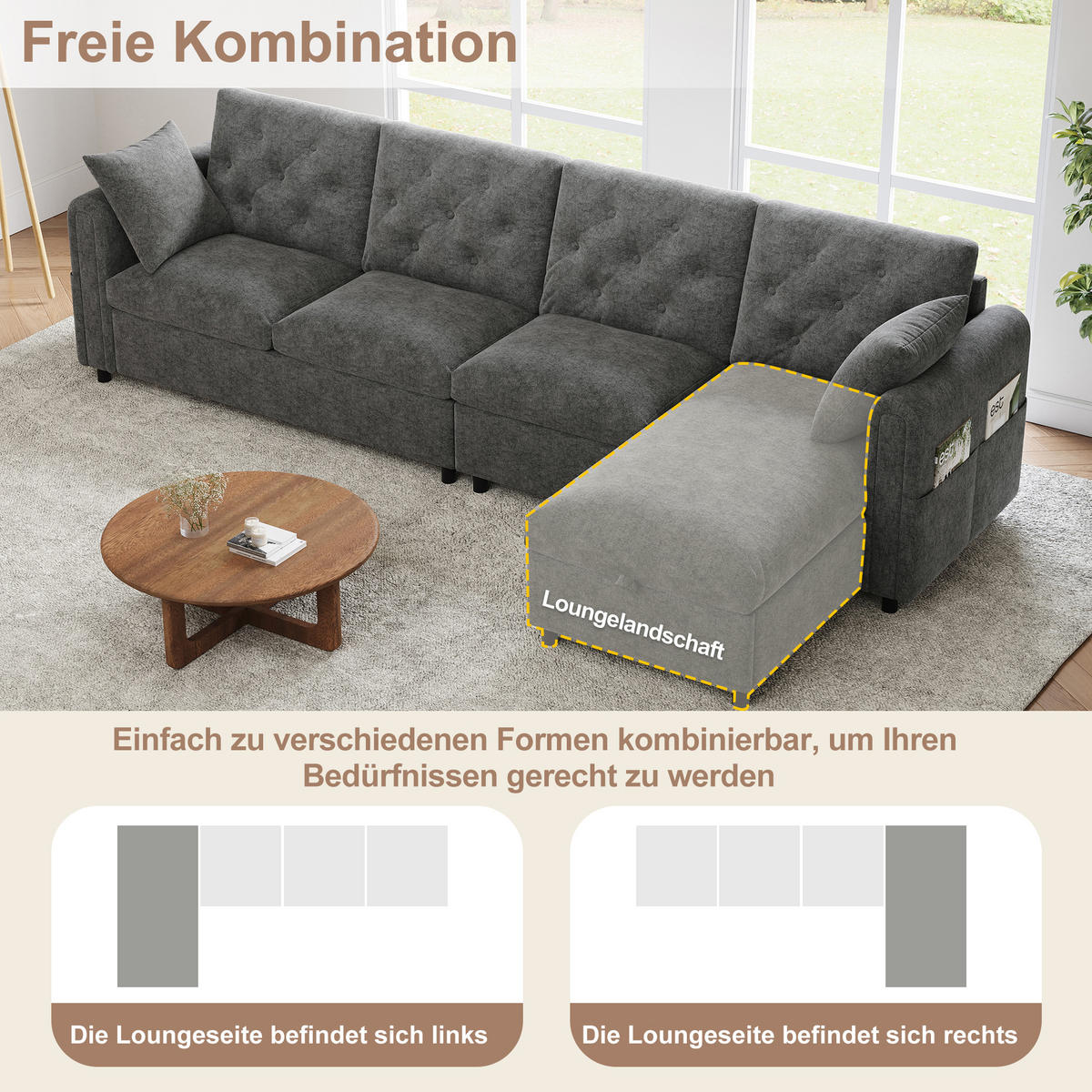 ECKSOFA 281/132/86 cm Grau mit 2 Stauraum und Magazintaschen - Grau, Textil (281/132cm) - Oxeza