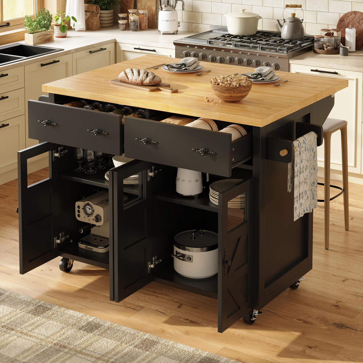 KÜCHENINSEL Servierwagen Stauraum Bremsen Schwarz - Schwarz, Holzwerkstoff (140/93.5/45cm) - FLIEKS