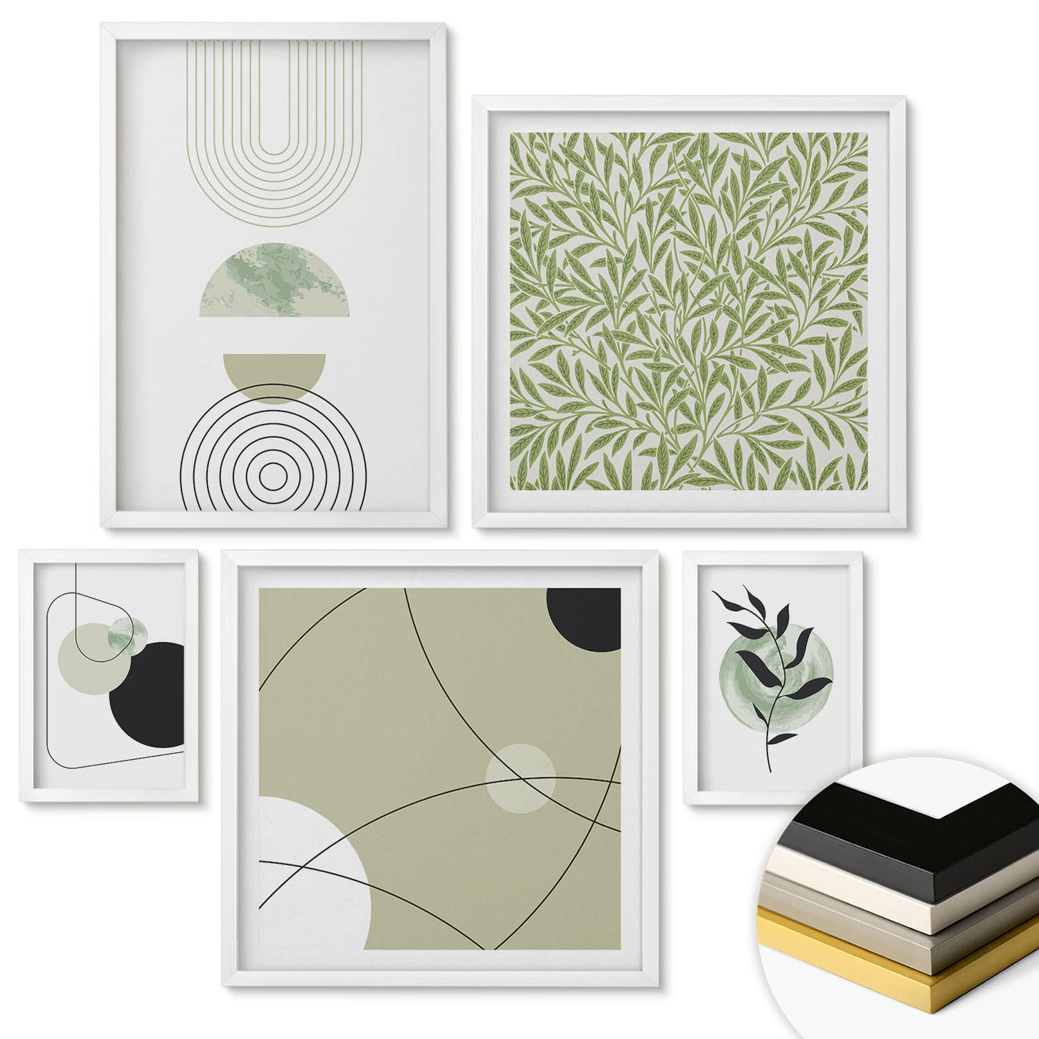 WANDBILDER 5er-Set - 50x50 cm & 20x30 cm & 40x60 cm Weißer Rahmen - Abstrakte Pflanzenmotive - Weiß, Kunststoff (40/60cm) - ArtPrintCave
