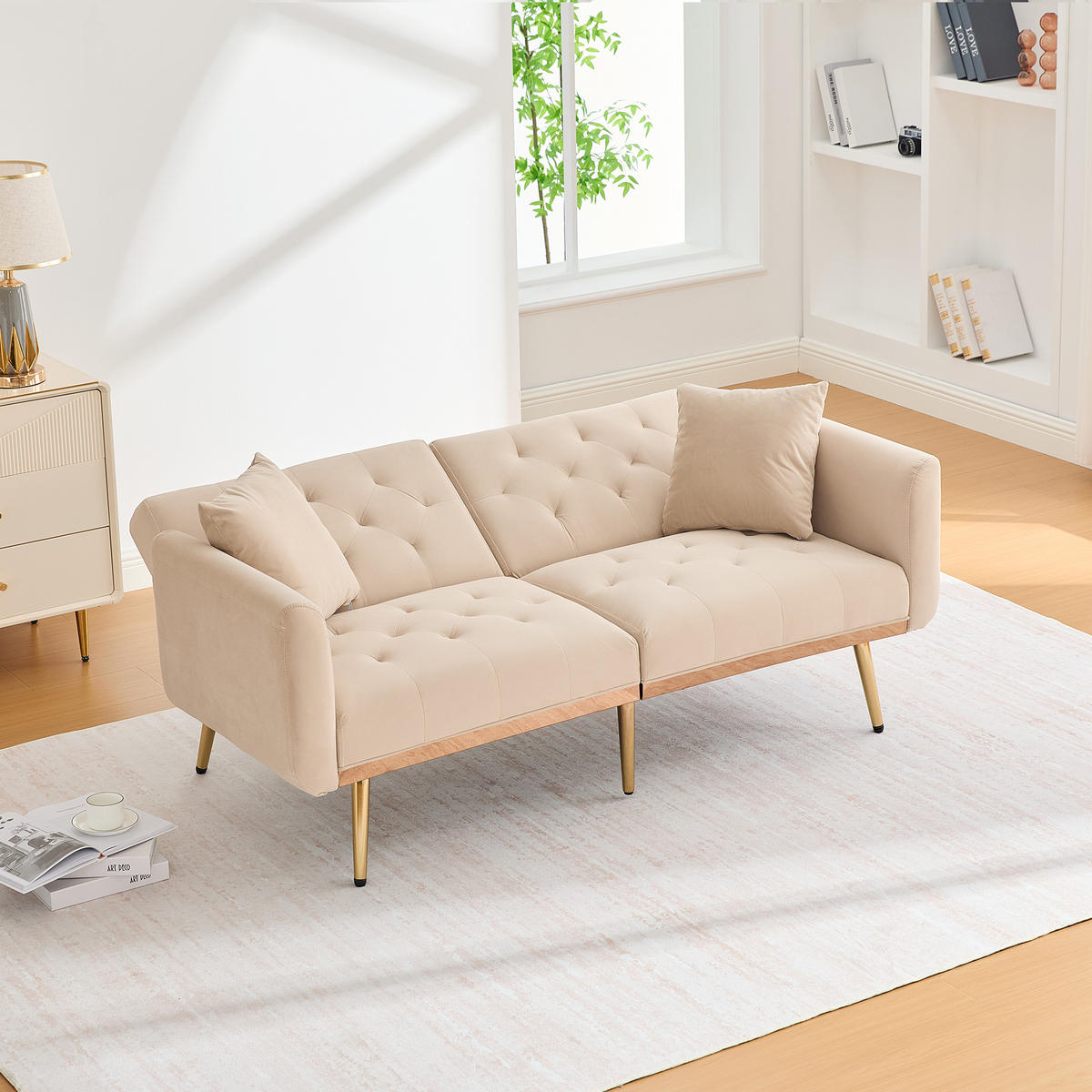 SCHLAFSOFA Samt mit verstellbarer Rückenlehne Beige 165/72,5/75 cm - Beige, Textil (72.5/75/165cm)