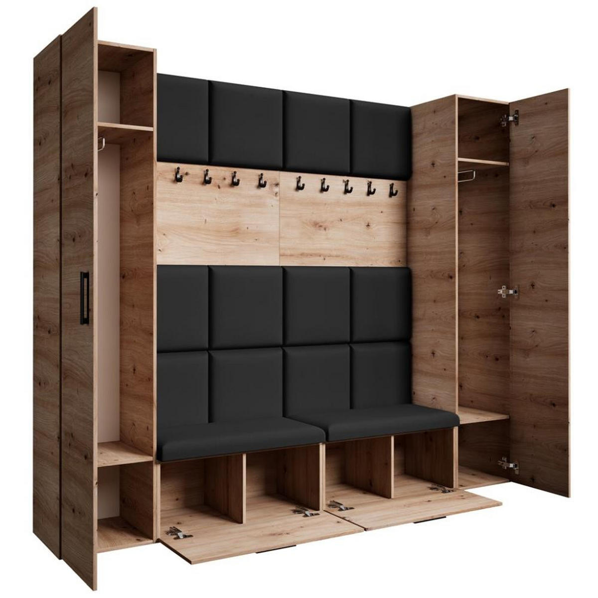 GARDEROBE Margaret XL 242/203/43 mit gepolsterten Paneelen und Schuhschrank - Schwarz/Eiche Artisan, Holzwerkstoff/Kunststoff (242/203/43cm) - Beautysofa