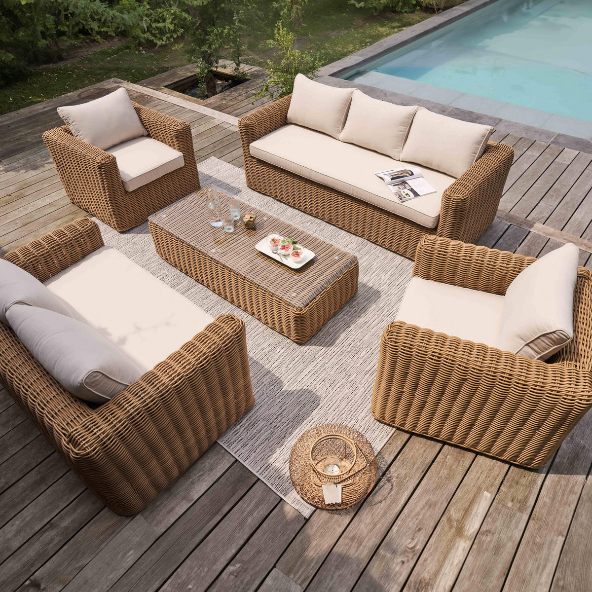 GARTEN-LOUNGEGARNITUR 7-Sitzer, Weiß - Weiß, Naturmaterialien - Oviala