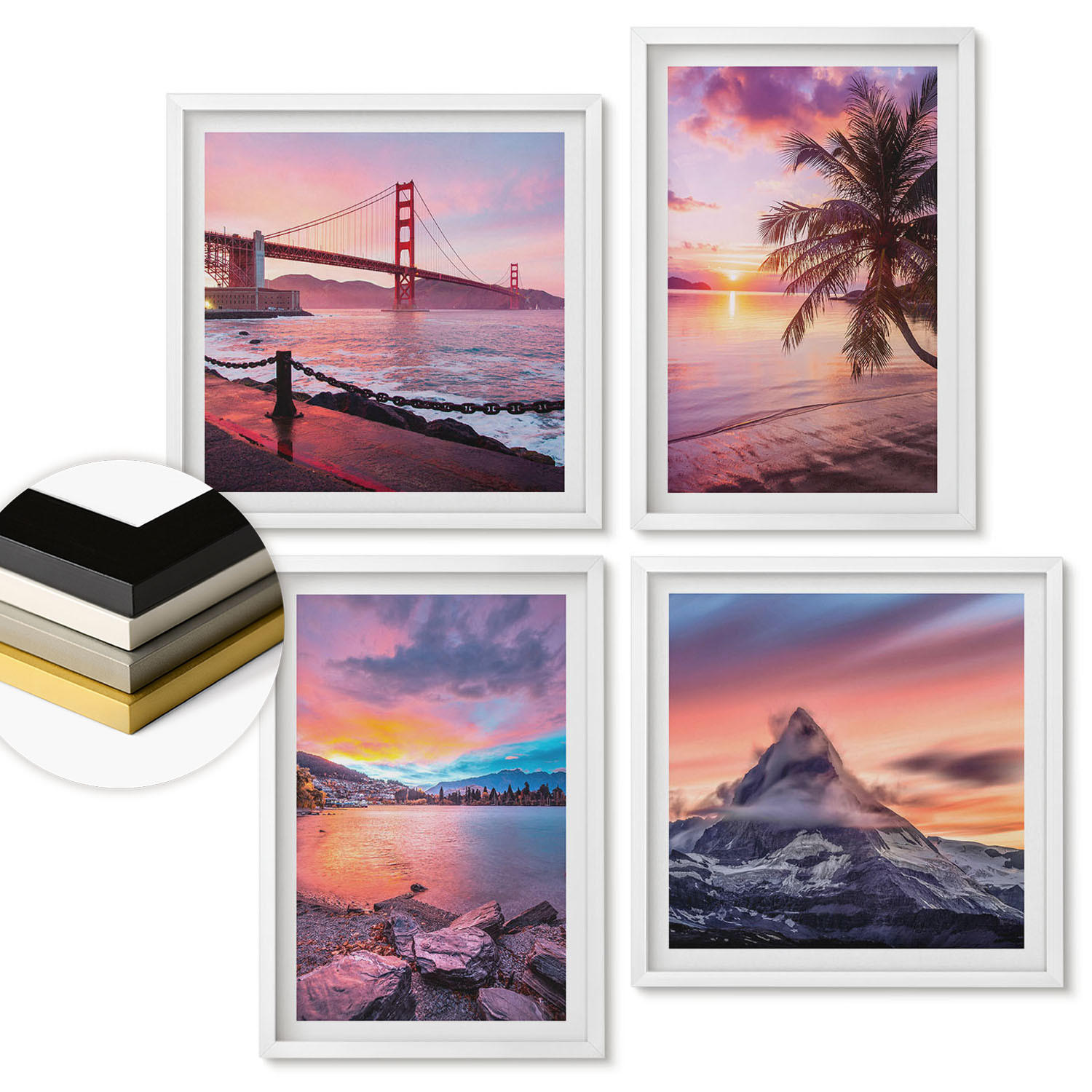WANDBILDER 4er-Set - 50x50 cm & 40x60 cm Weißer Rahmen - Sonnenuntergangsbrücke Landschaft - Weiß, Kunststoff (50/50cm) - ArtPrintCave
