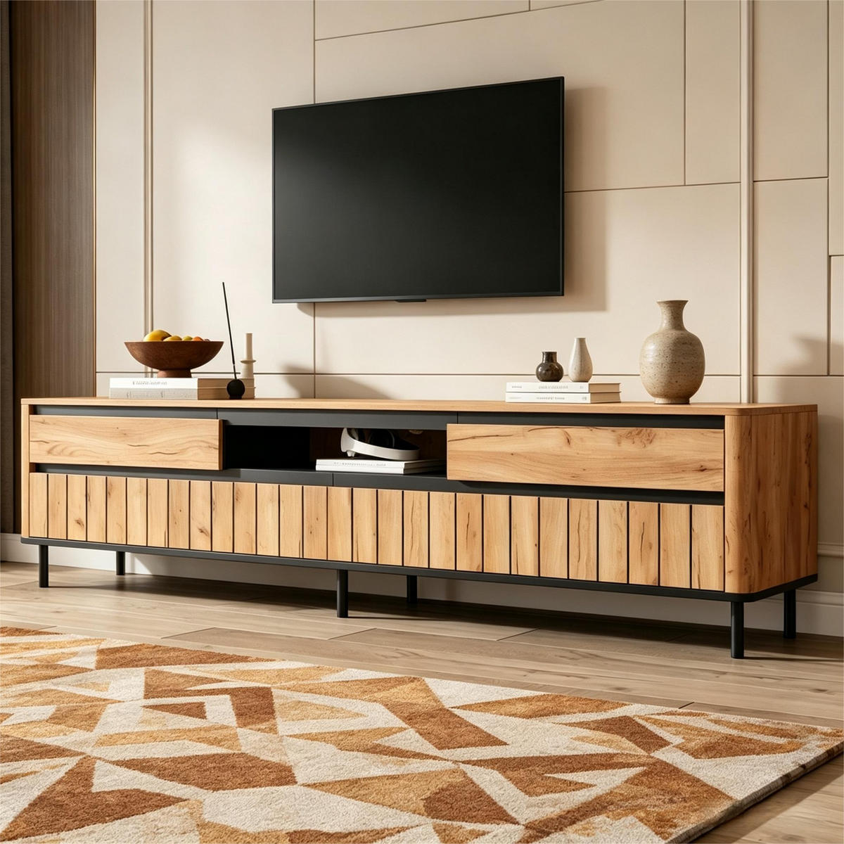 TV‑LOWBOARD in Eichenoptik mit Lamellenfront und Metallfüßen 180 × 40 × 52 cm - Eichefarben, Holzwerkstoff (180/52/40cm) - Luhomfu