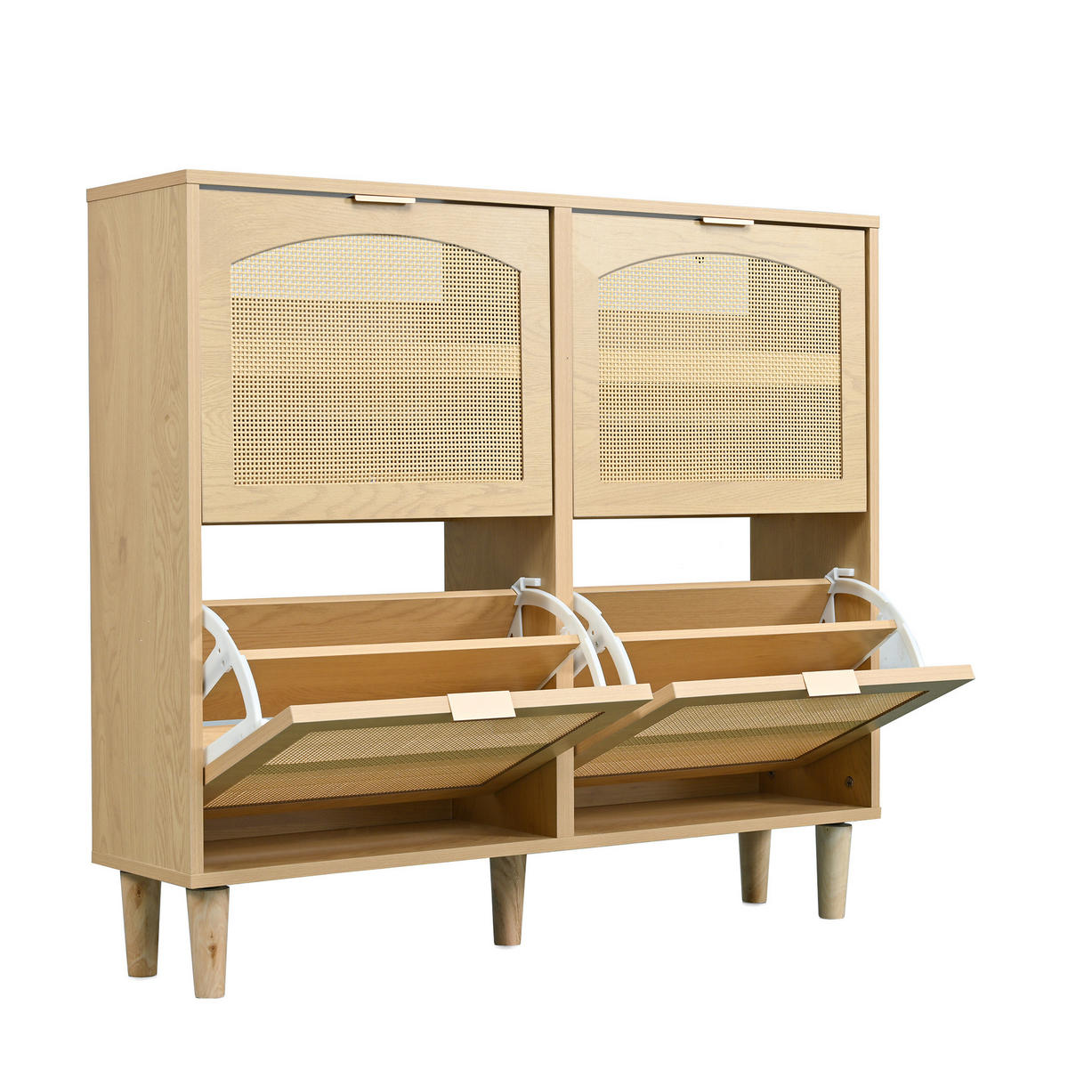 SCHUHSCHRANK mit 4 Klappen 100 x 25 x 90 cm Light Oak Rattanoptik - Braun, Holz (25/90/100cm) - Beauniv