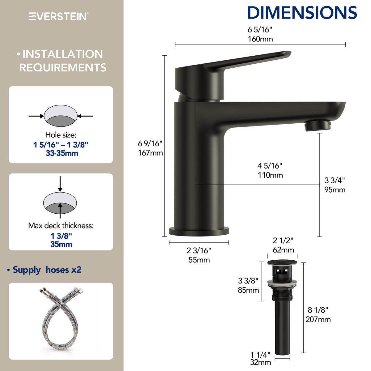 WASCHTISCHARMATUR SFS-1274 Schwarz Matt, mit Pop-up, Einhebel, Messing, Perlator, 95 mm Auslaufhöhe, 110 mm Ausladung - Schwarz, Metall (5.5/16.7/16cm) - Everstein