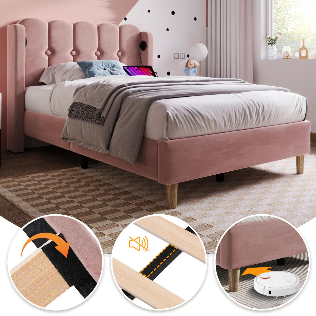 SAMT-POLSTERBETT 90/200 cm Rosa mit gepolstertem Kopfteil und USB-C - Rosa, Textil (90/200cm) - BEAOK