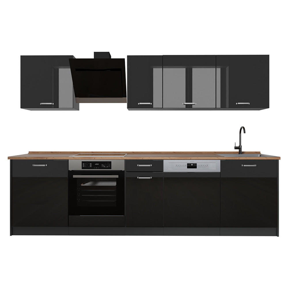 KÜCHENZEILE R-Line, Schwarz Hochglanz/Weiß, 280 cm Arbeitsplatte Goldkraft Eiche - Schwarz Hochglanz/Weiß, Holzwerkstoff (280/206.8/60cm) - Vicco